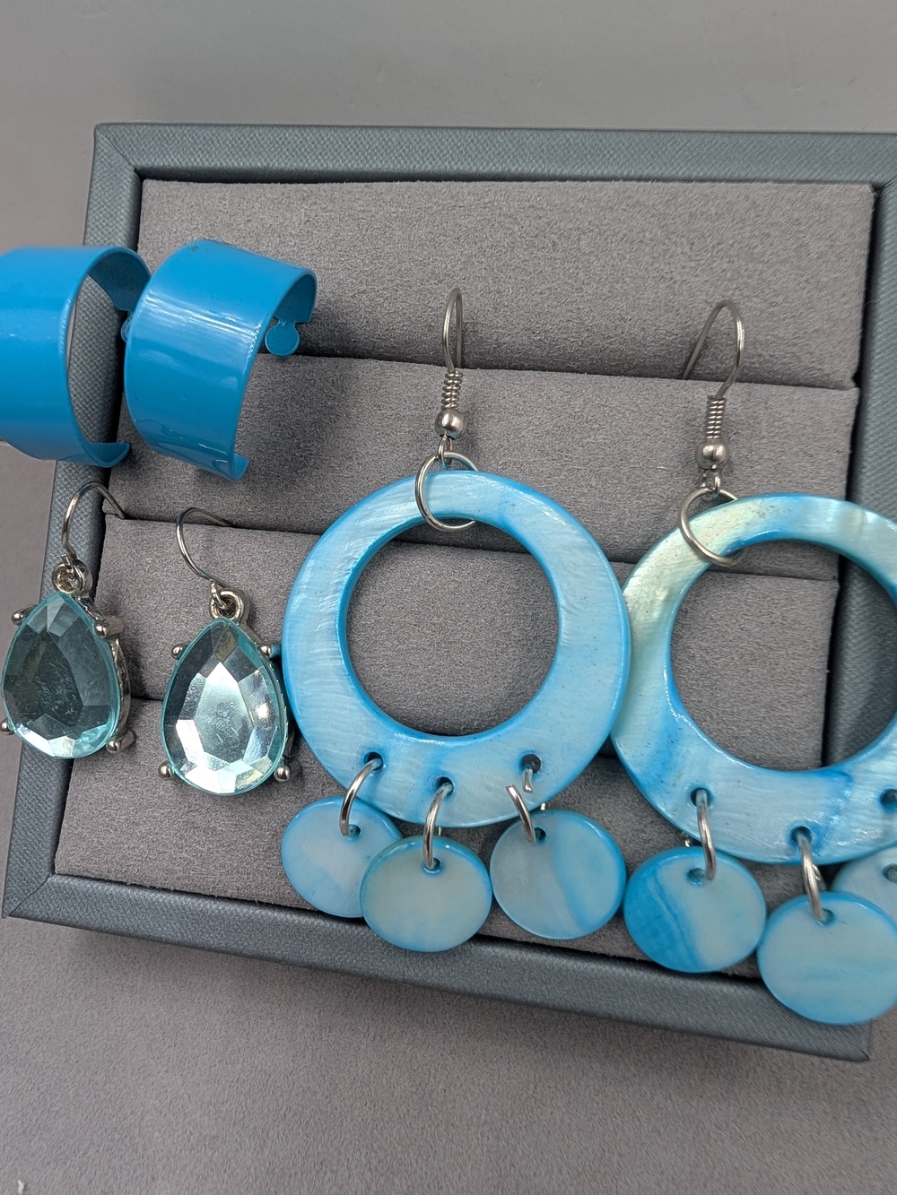 Aqua Blue Statement Earrings Shell Hoops Faceted Drops 3 Pair Lot | 0915